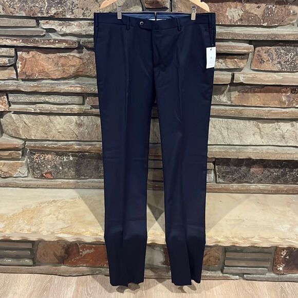 PT Torino Dark Navy Stretch Wool Slim Fit Flat Front Dress Pants